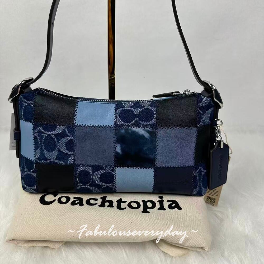 Coach Small Slouchy Alter Ego Shoulder Bag Patchwork Sig Leather Blue CFF99 NWT - Picture 2 of 8